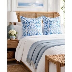 Charter‎ Club Painted Tile Euro Shams Set Blue White Boho Coastal Cotton Beach